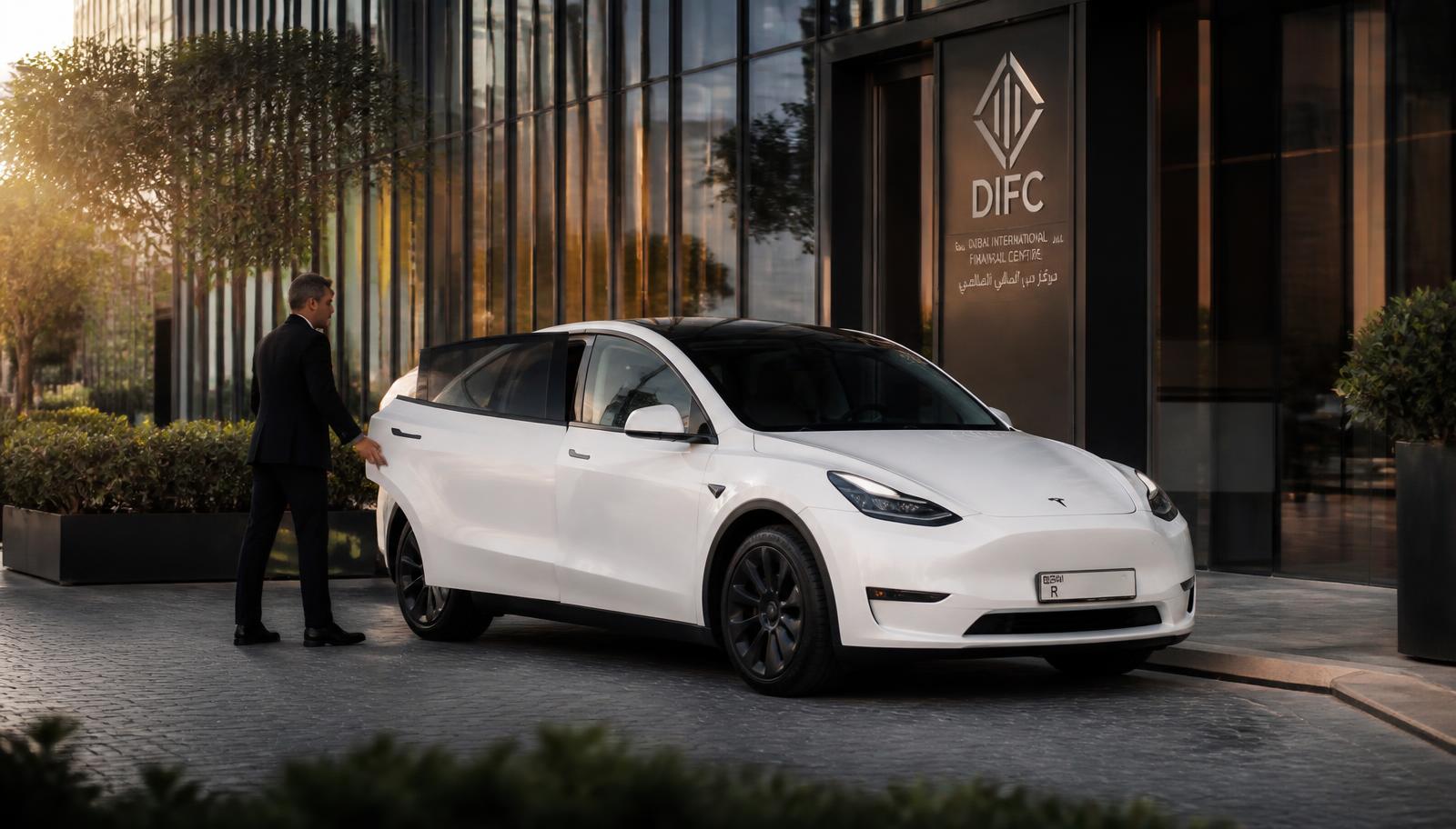White Tesla Model Y chauffeur car with professional driver outside a DIFC office tower in Dubai at golden hour
