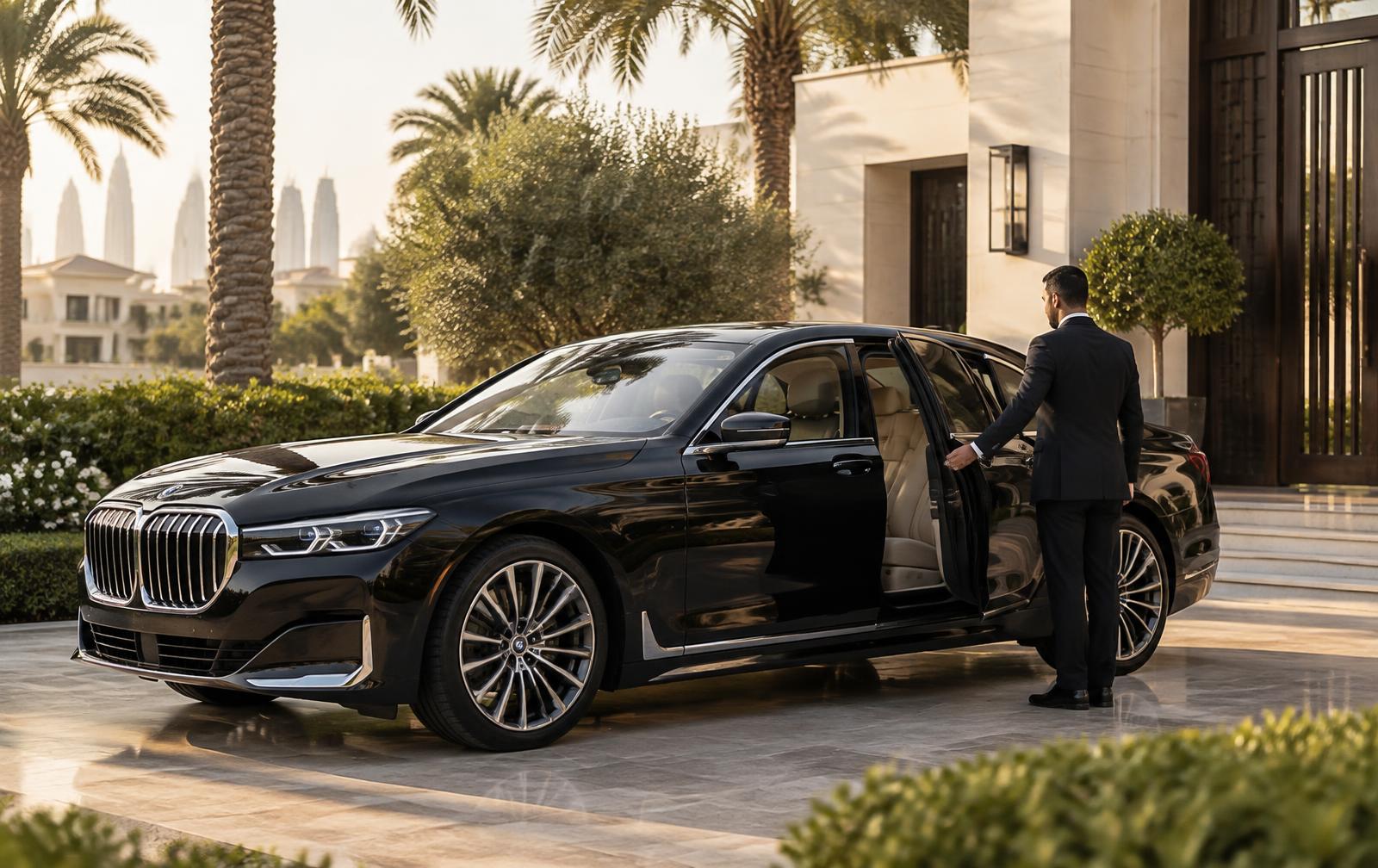 Professional chauffeur opening a black BMW 7 Series at an Emirates Hills villa in Dubai