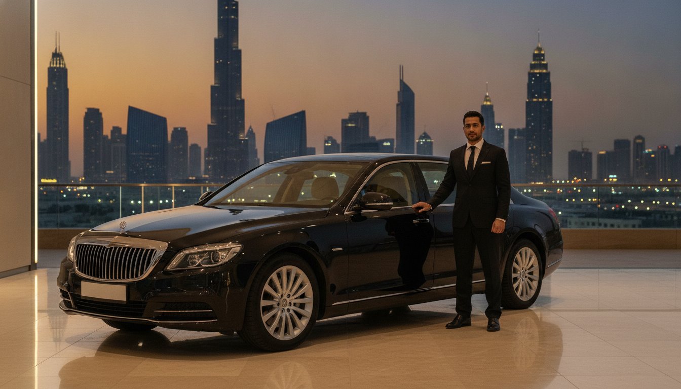 Executive chauffeur-driven sedan outside a Dubai corporate tower