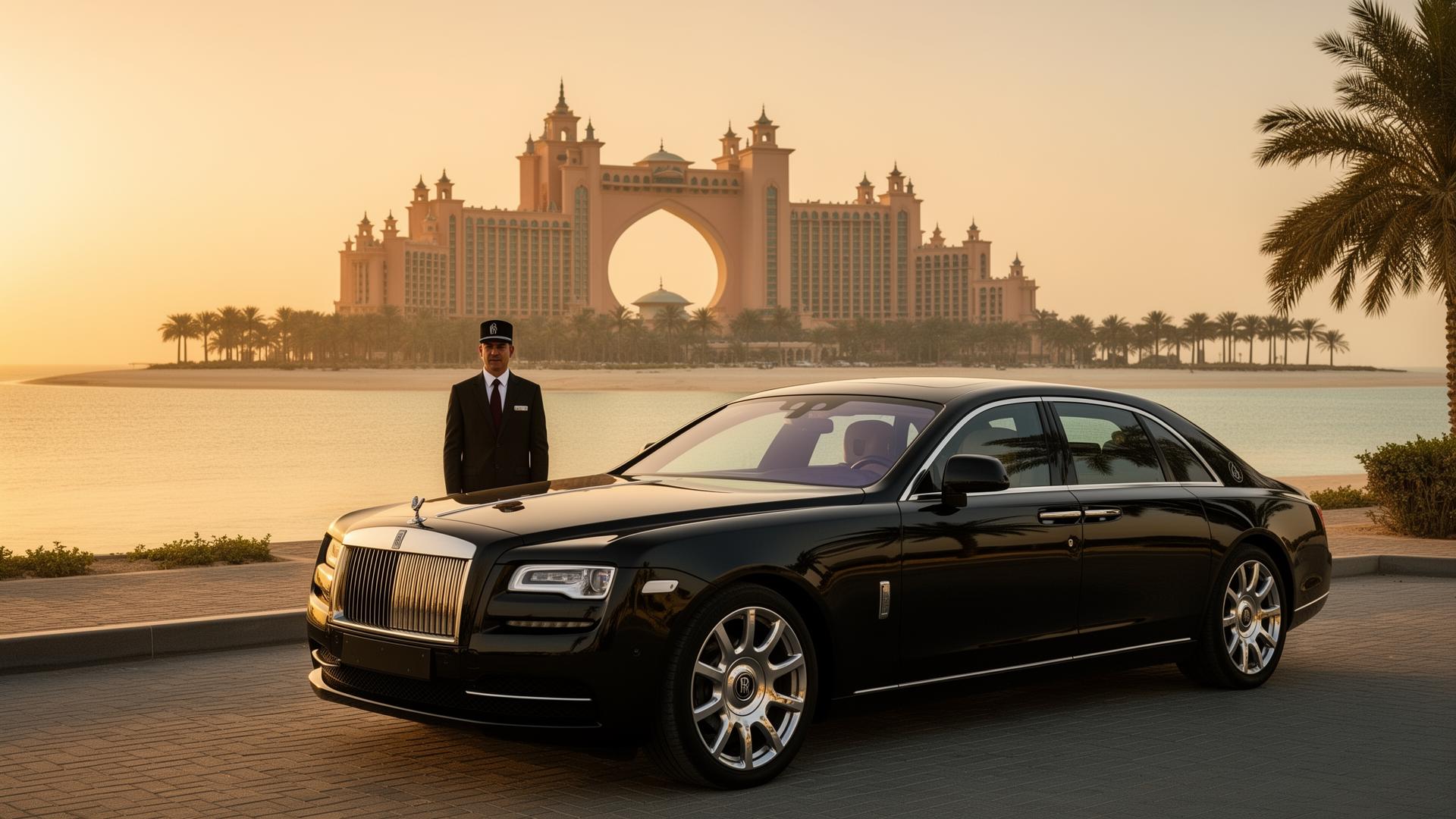 Luxury black chauffeur car on Palm Jumeirah Dubai at golden hour with Atlantis resort in the background