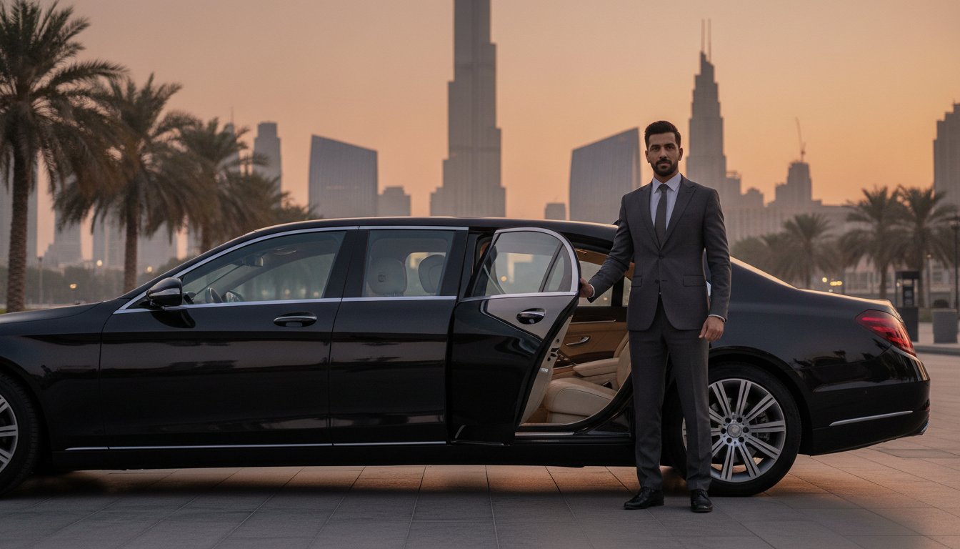 Executive stepping into a chauffeured luxury car in Dubai