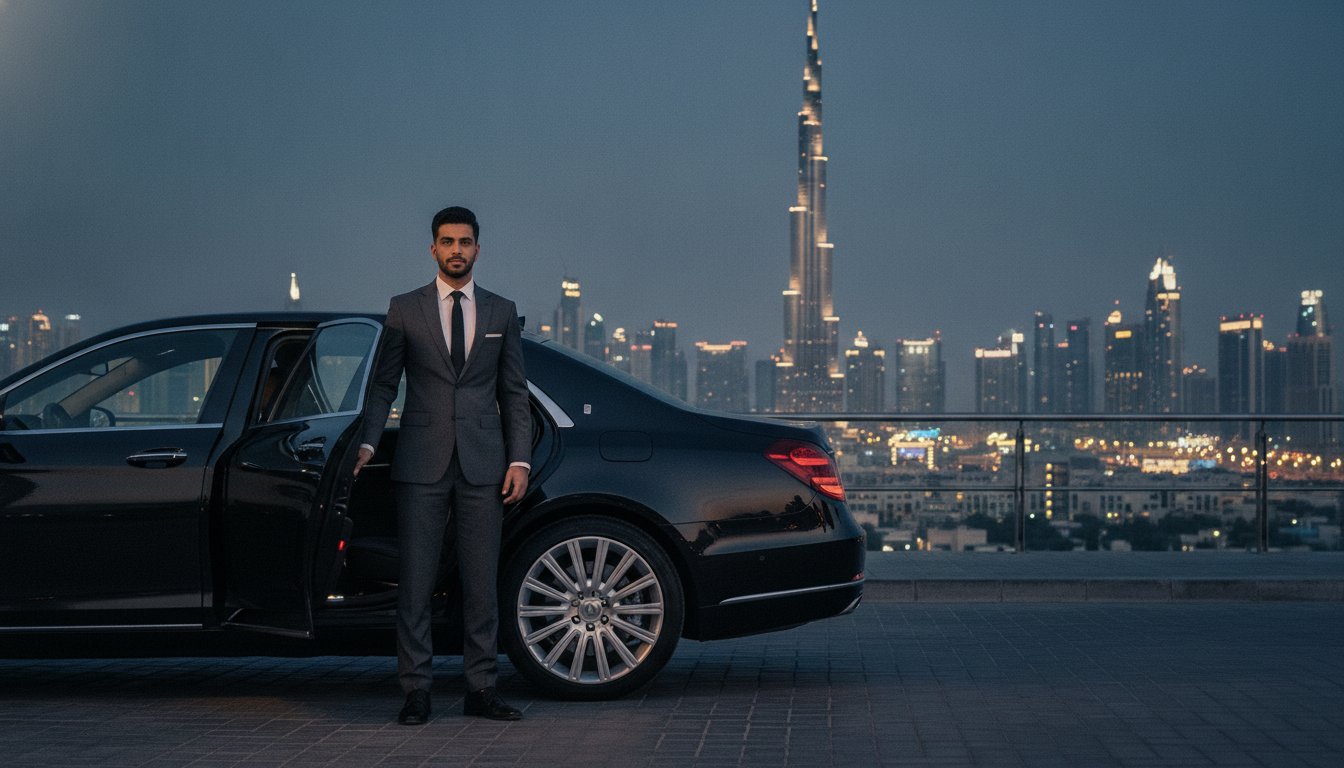 Couple stepping out of a chauffeur-driven luxury car on a Dubai date night