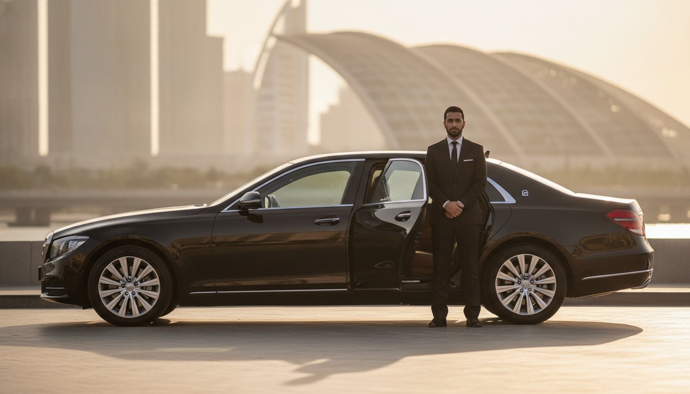 Luxury limousine parked outside a Dubai hotel entrance at dusk