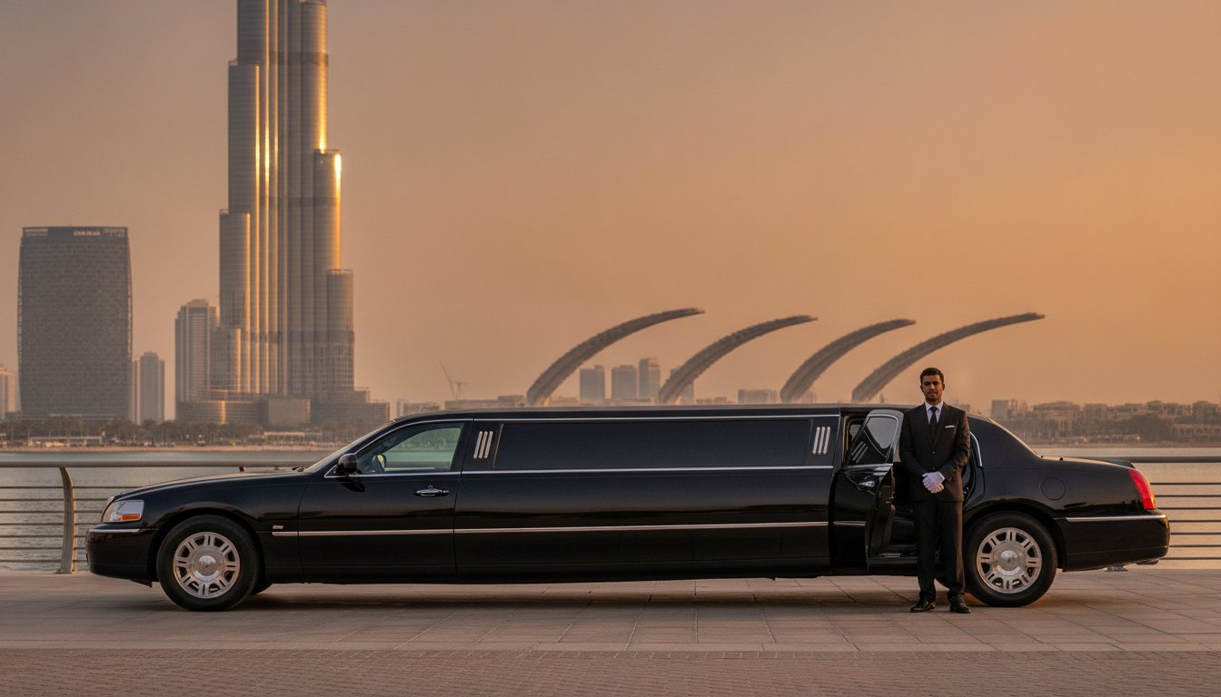 Executive stepping out of a luxury chauffeur car at a Dubai business district