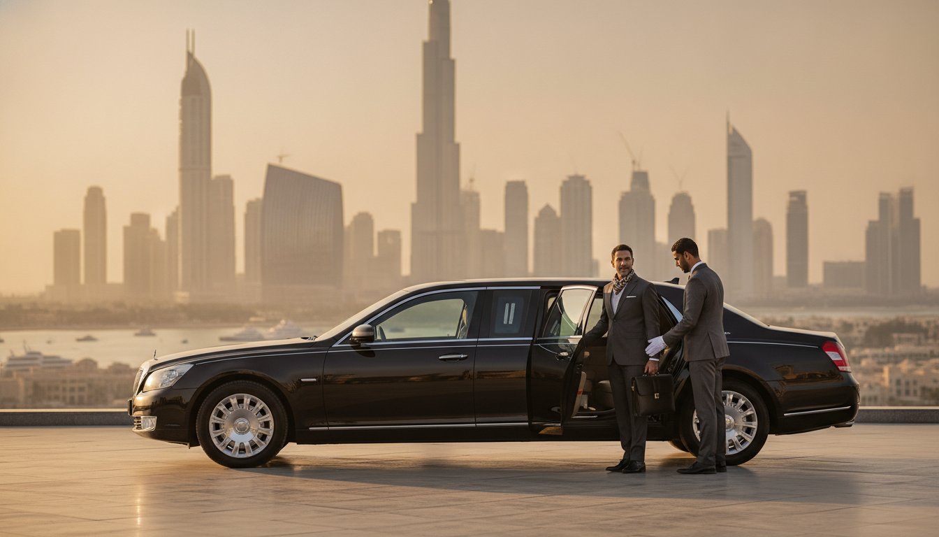Chauffeur-driven luxury sedan outside a hotel in Al Barsha, Dubai