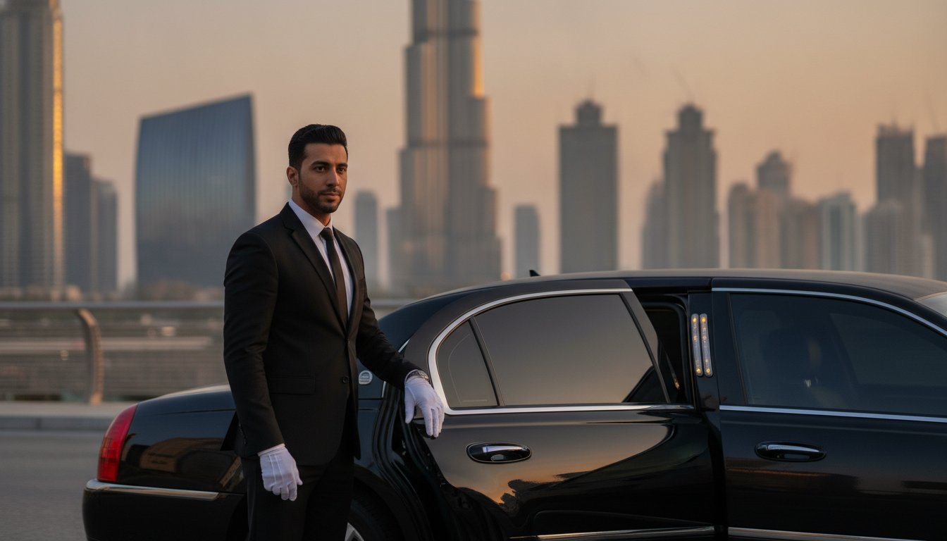 Anniversary chauffeur service in Dubai with luxury car at sunset