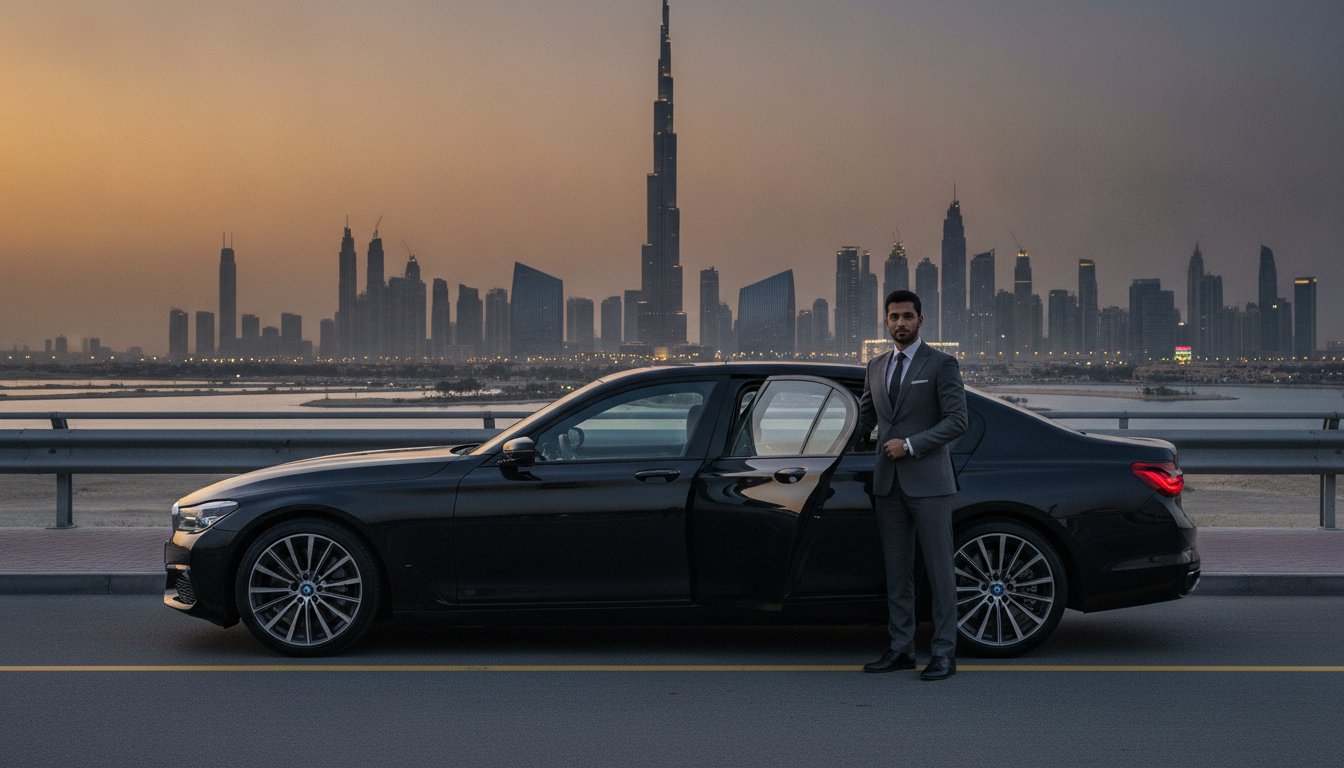 Luxury chauffeur-driven car on the Dubai to Ras Al Khaimah highway