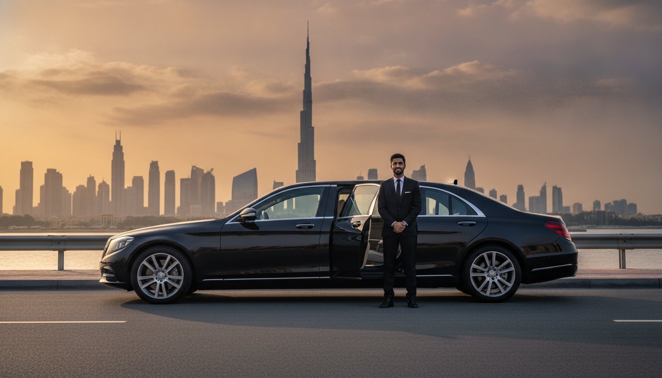 Luxury chauffeur-driven sedan on the Dubai to Ras Al Khaimah route