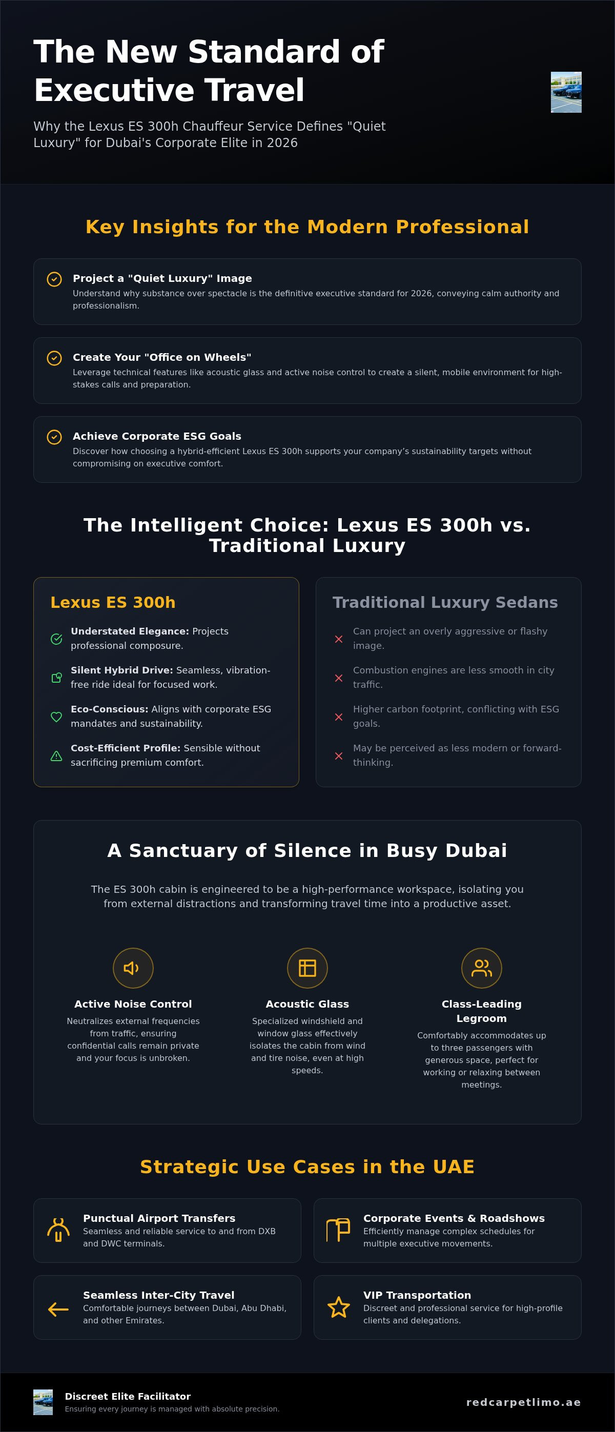 Lexus ES 300h Chauffeur Service Dubai: The 2026 Executive Guide infographic