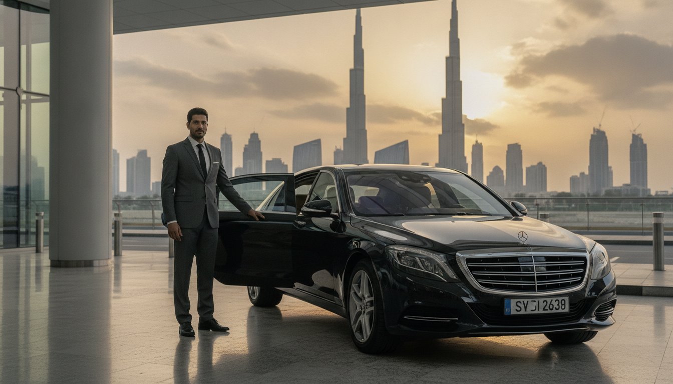 Luxury chauffeur-driven sedan at Zayed International Airport Abu Dhabi