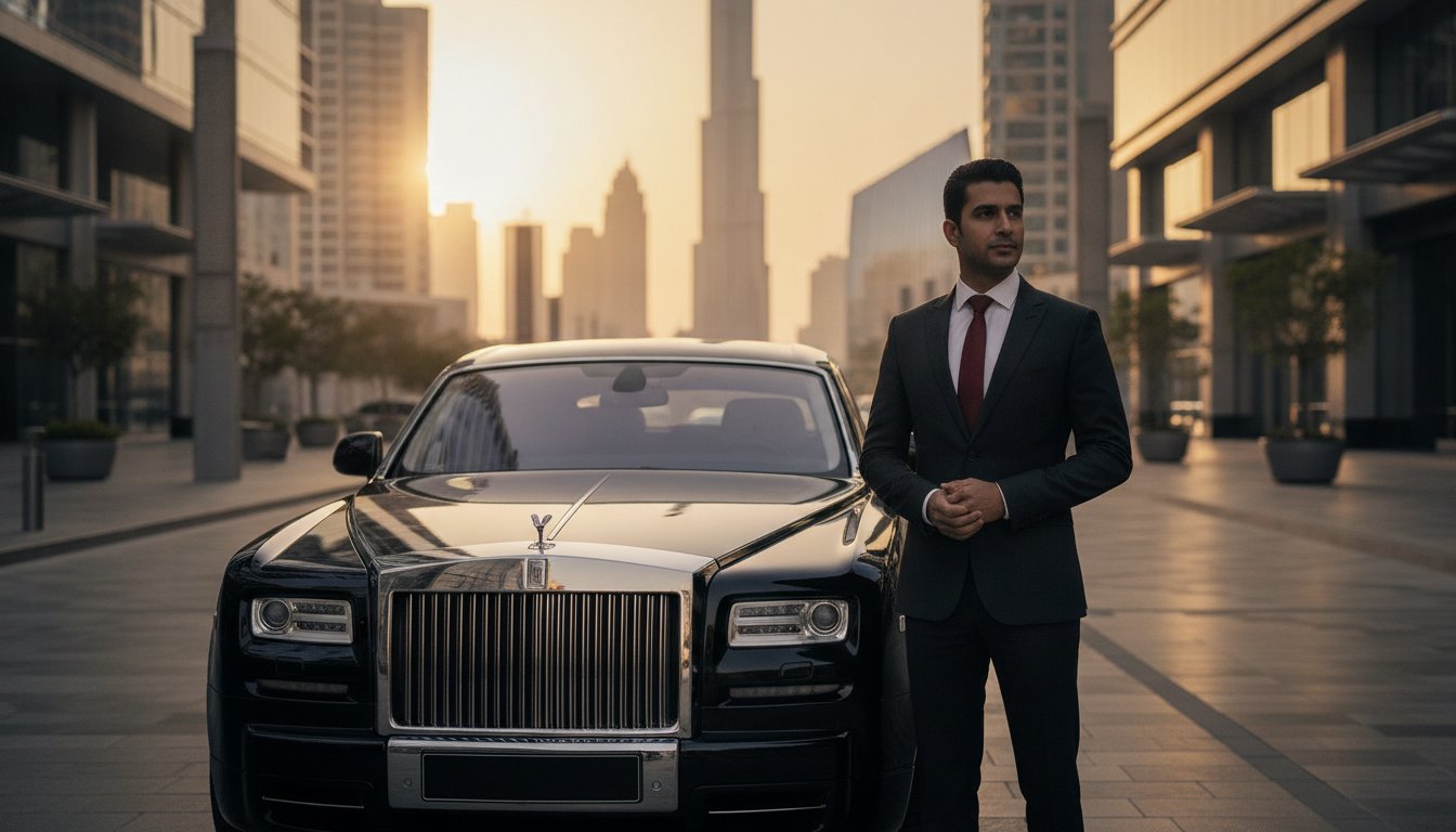 Executive chauffeur-driven sedan outside DIFC towers in Dubai