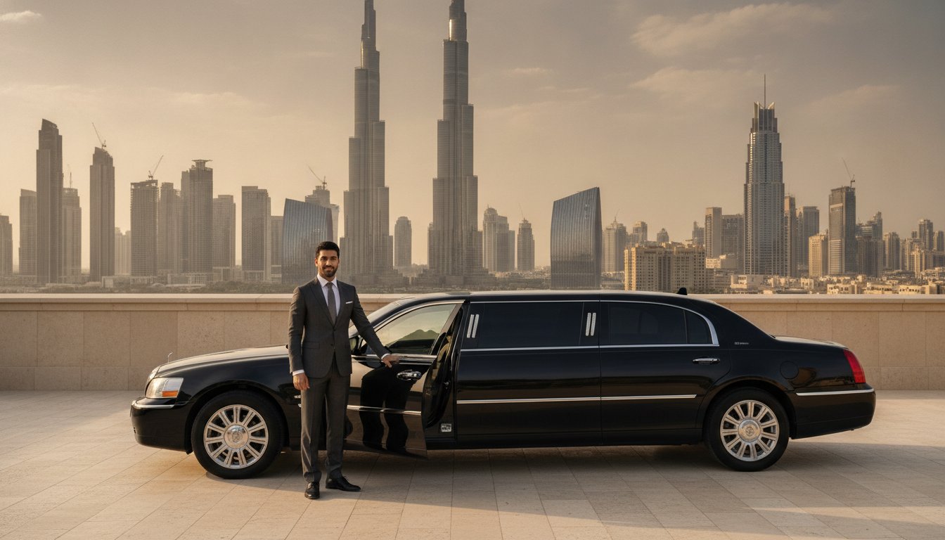 Executive chauffeur with a luxury sedan outside a Dubai business tower