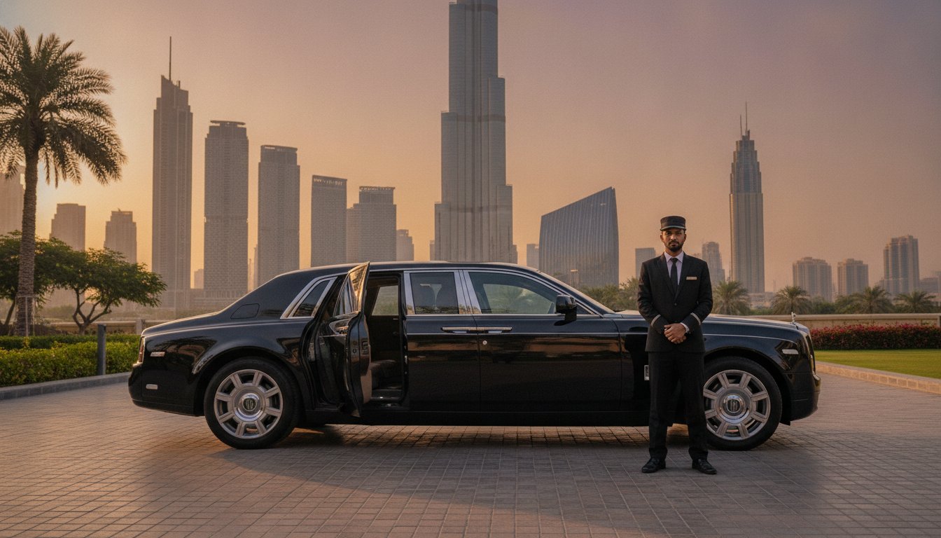 Wedding car with chauffeur waiting outside a Dubai wedding venue