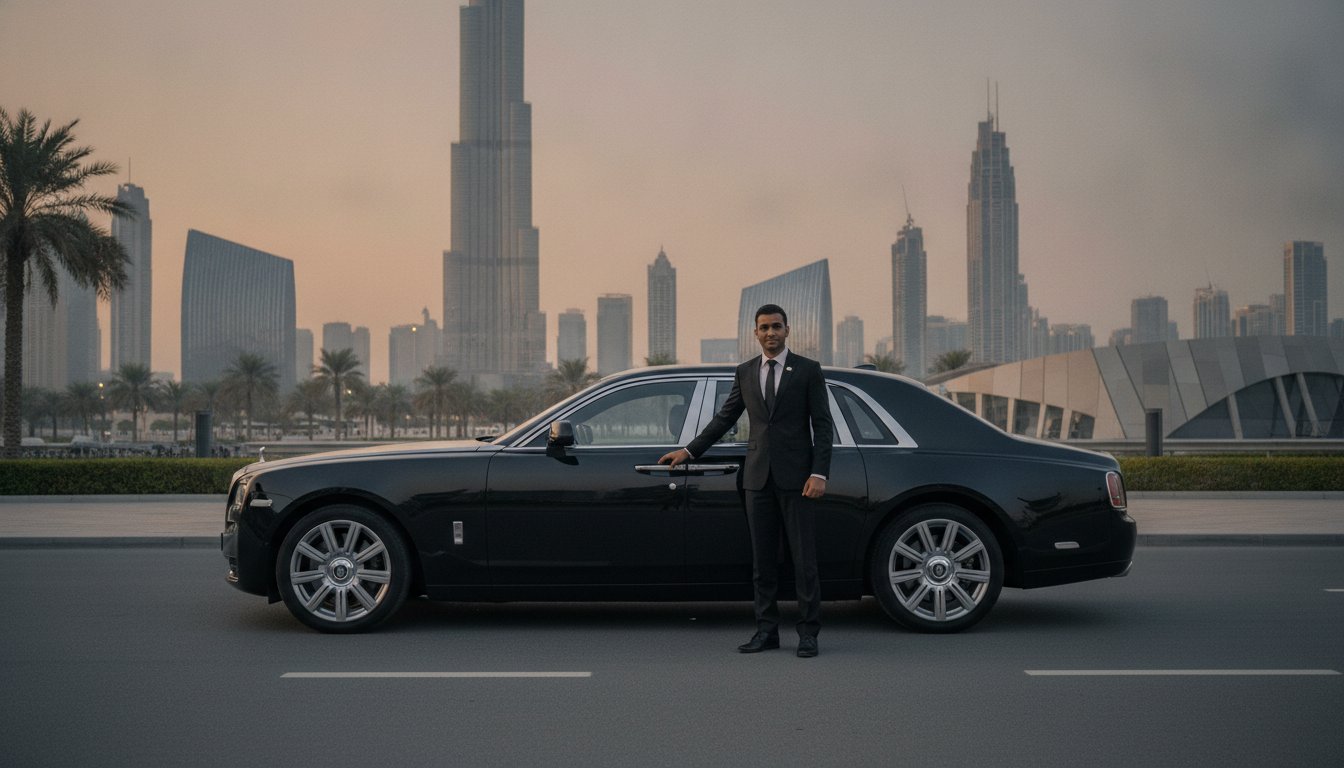 Chauffeur standing beside a luxury sedan for a full day booking in Dubai