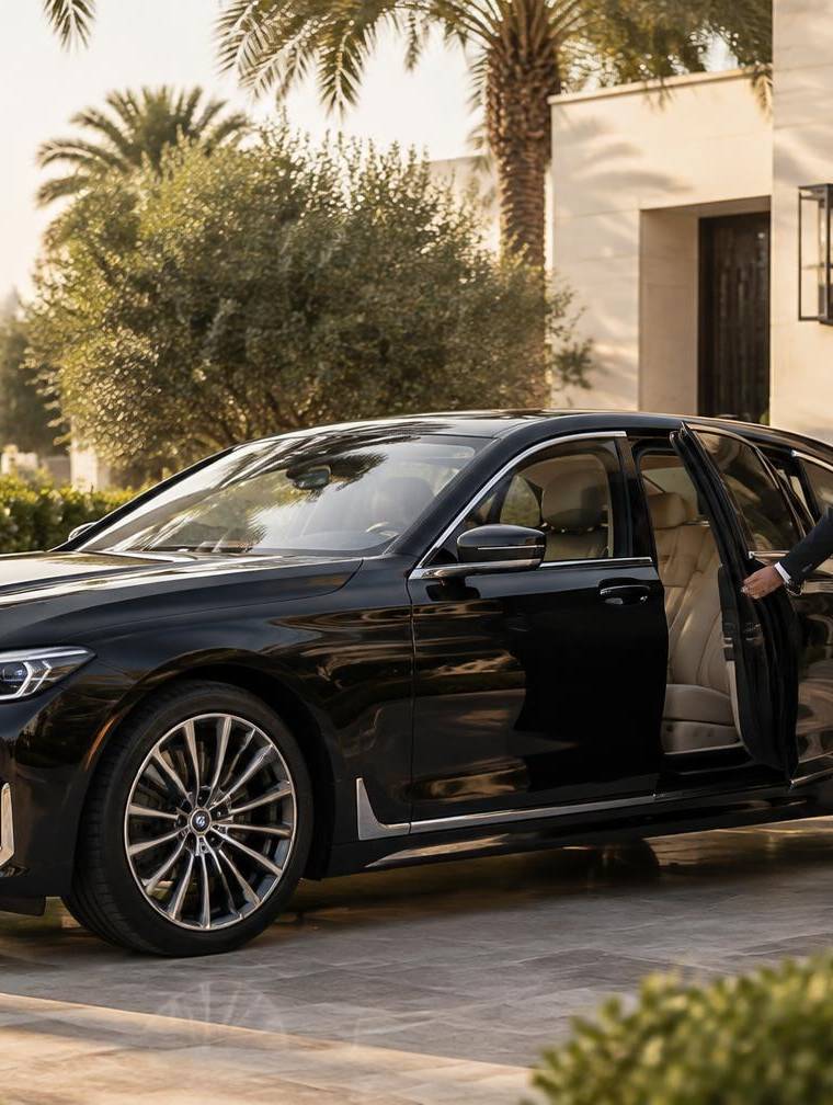 Professional chauffeur opening a black BMW 7 Series at an Emirates Hills villa in Dubai