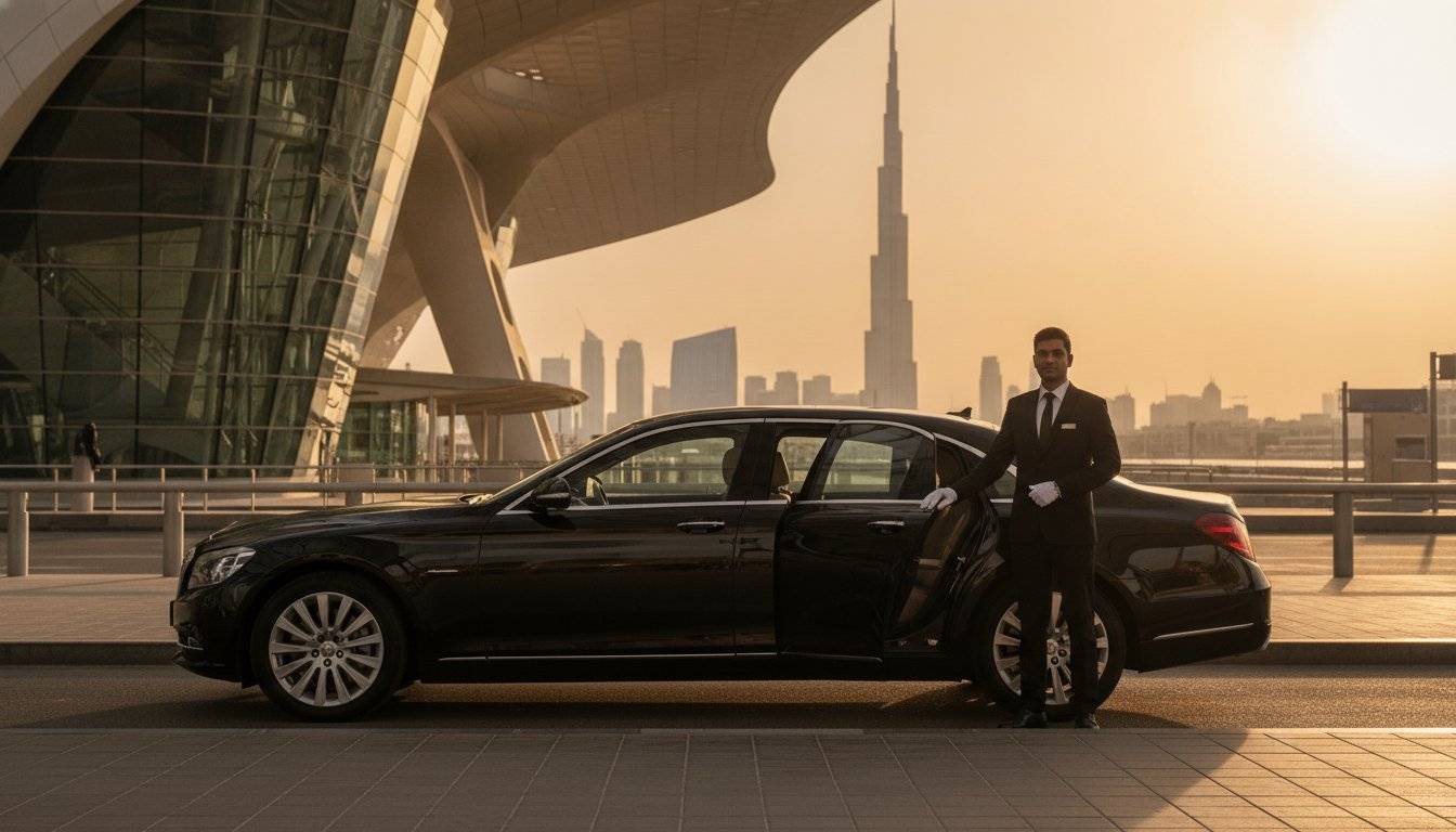 Luxury chauffeur meeting an arriving traveler at Dubai International Airport