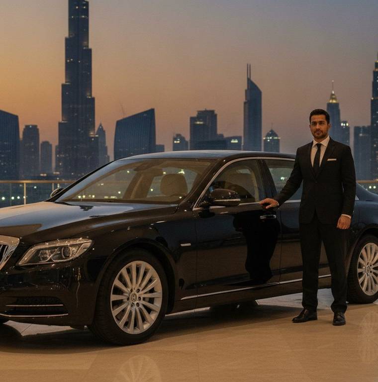 Executive chauffeur-driven sedan outside a Dubai corporate tower