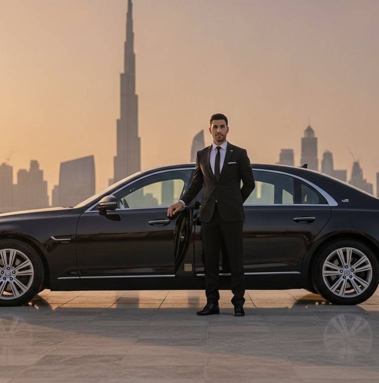 Chauffeur-driven luxury sedan on the Dubai to Abu Dhabi highway