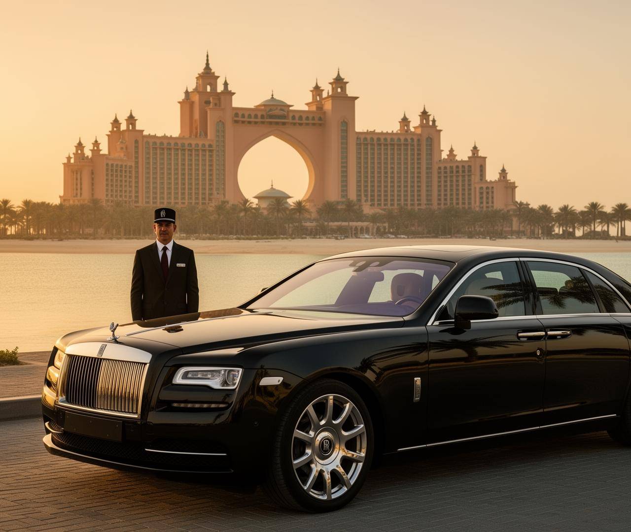 Luxury black chauffeur car on Palm Jumeirah Dubai at golden hour with Atlantis resort in the background