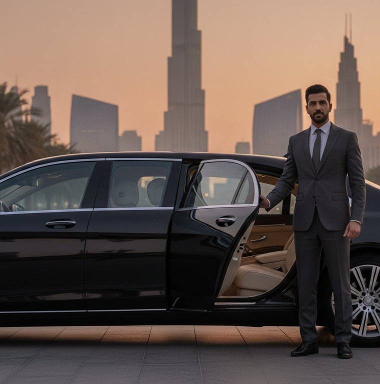 Executive stepping into a chauffeured luxury car in Dubai