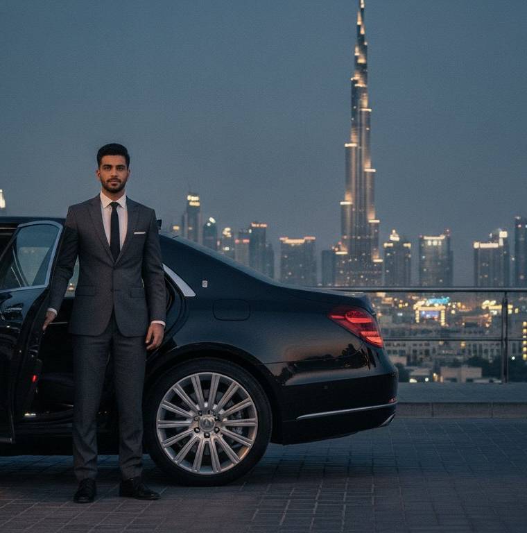 Couple stepping out of a chauffeur-driven luxury car on a Dubai date night