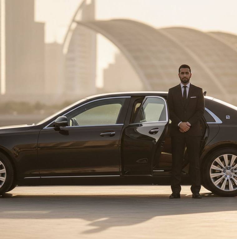 Luxury limousine parked outside a Dubai hotel entrance at dusk