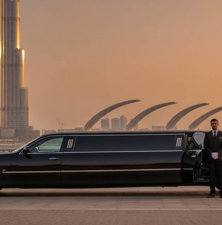 Executive stepping out of a luxury chauffeur car at a Dubai business district