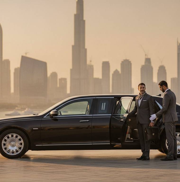 Chauffeur-driven luxury sedan outside a hotel in Al Barsha, Dubai
