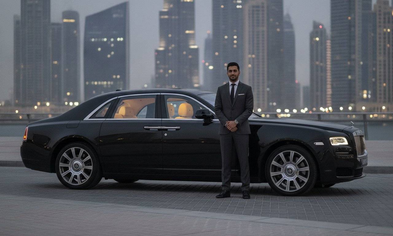 Executive chauffeur car outside a DIFC tower during a Dubai corporate roadshow