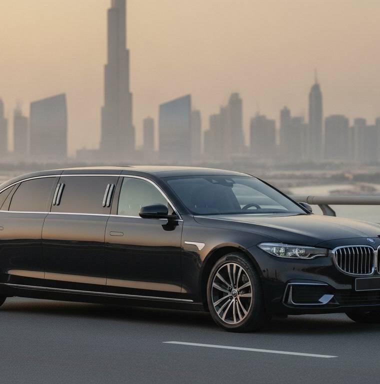 Executive sedan outside a Dubai office tower representing sustainable corporate travel