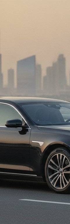 Executive sedan outside a Dubai office tower representing sustainable corporate travel