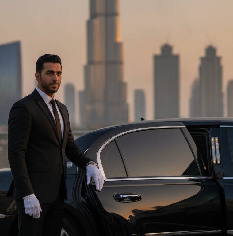 Anniversary chauffeur service in Dubai with luxury car at sunset