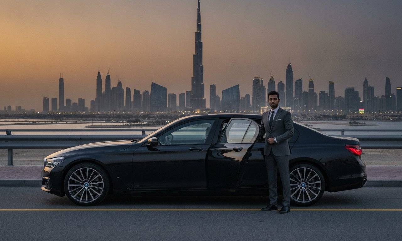 Luxury chauffeur-driven car on the Dubai to Ras Al Khaimah highway
