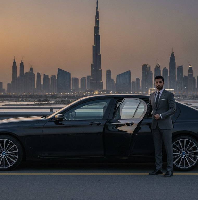 Luxury chauffeur-driven car on the Dubai to Ras Al Khaimah highway
