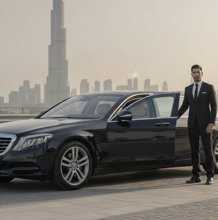 Luxury chauffeur-driven sedan on the Dubai to Ras Al Khaimah route