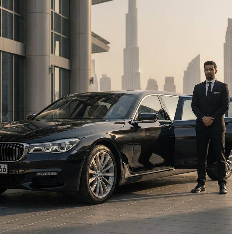 Luxury chauffeur car on the Dubai to Ras Al Khaimah highway