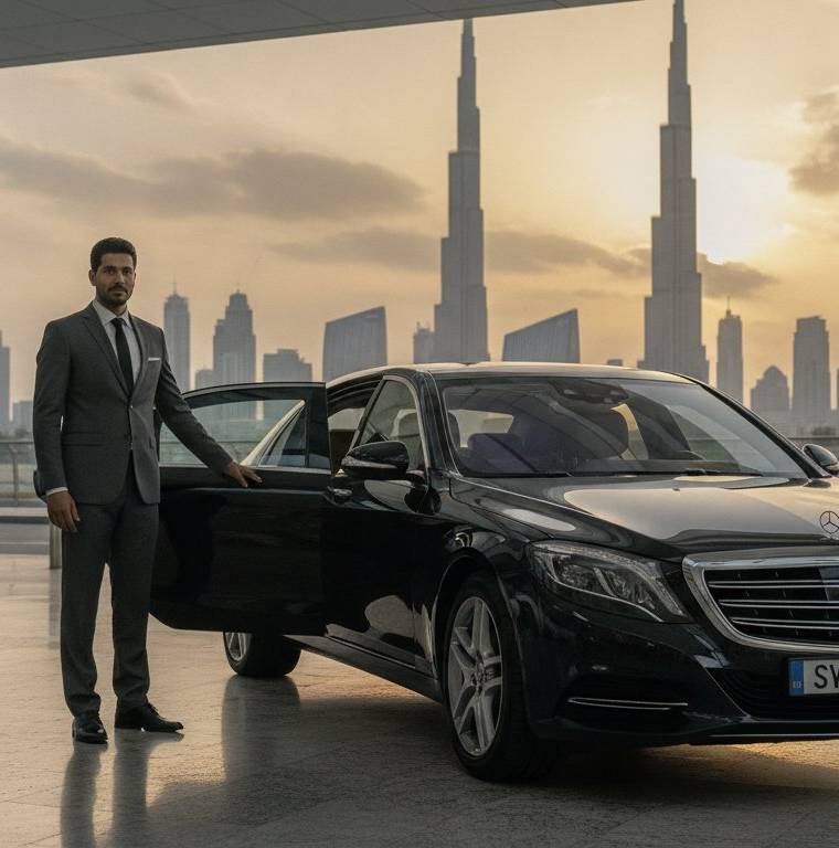 Luxury chauffeur-driven sedan at Zayed International Airport Abu Dhabi