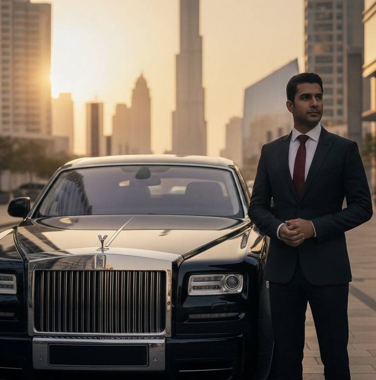 Executive chauffeur-driven sedan outside DIFC towers in Dubai