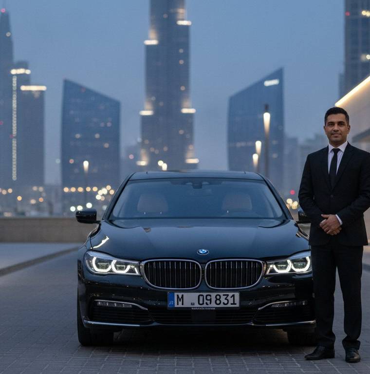 Chauffeur opening a luxury sedan door for an executive in Dubai