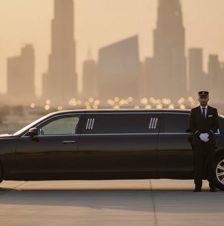 RTA-licensed chauffeur beside a luxury sedan in Dubai