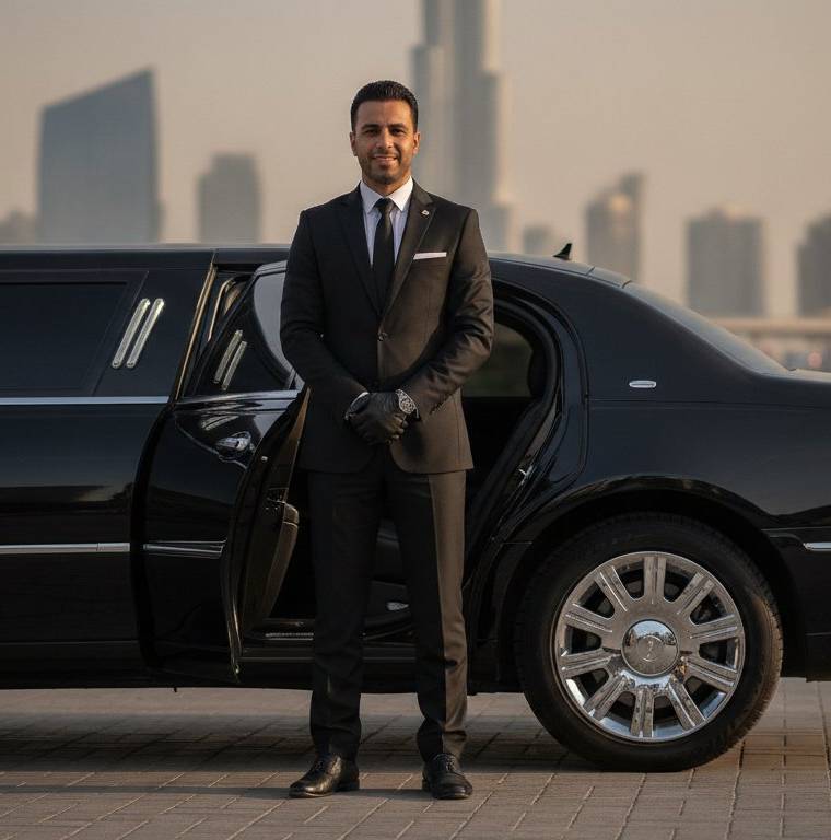 Multilingual chauffeur greeting an international client in Dubai