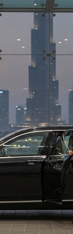 Chauffeur opening a limousine door on a red carpet in Dubai