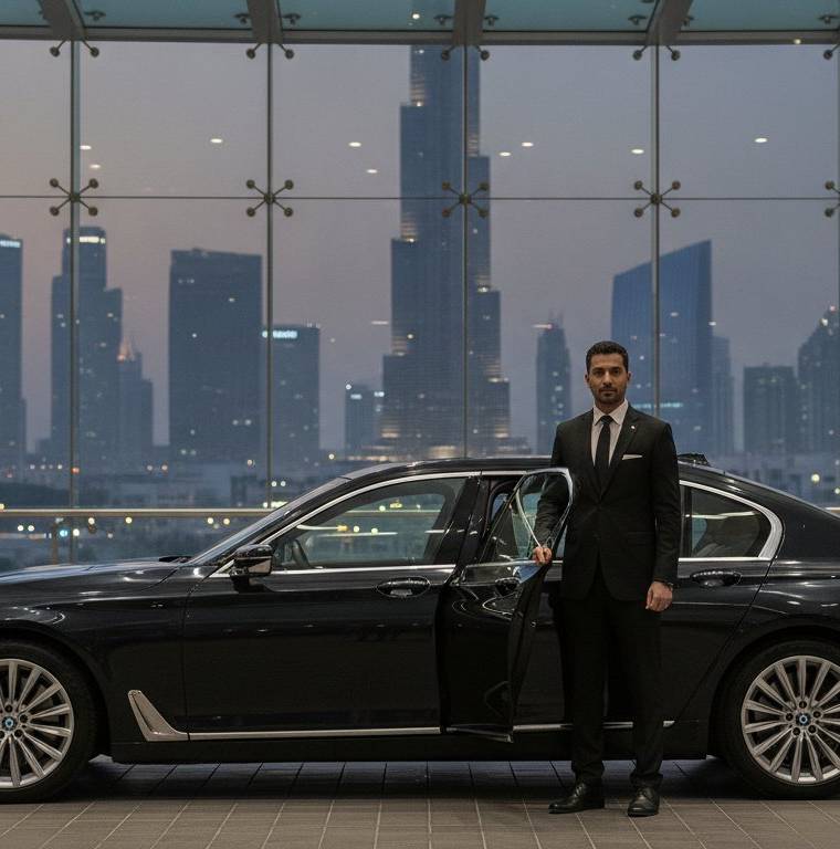 Chauffeur opening a limousine door on a red carpet in Dubai