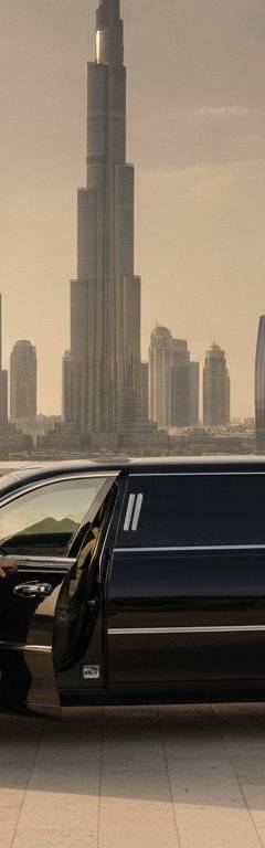Executive chauffeur with a luxury sedan outside a Dubai business tower