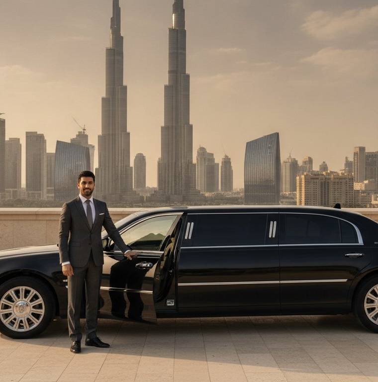 Executive chauffeur with a luxury sedan outside a Dubai business tower