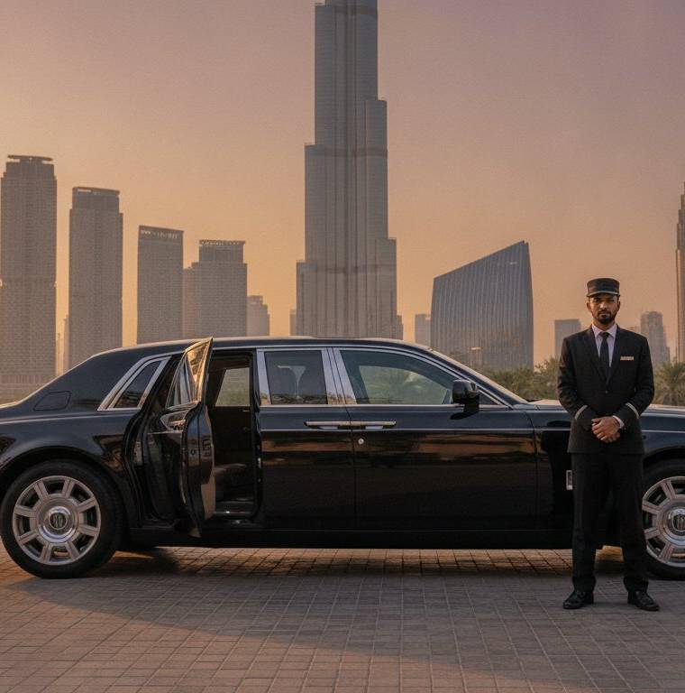 Wedding car with chauffeur waiting outside a Dubai wedding venue