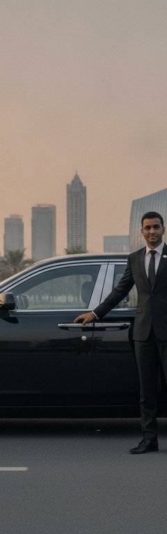 Chauffeur standing beside a luxury sedan for a full day booking in Dubai