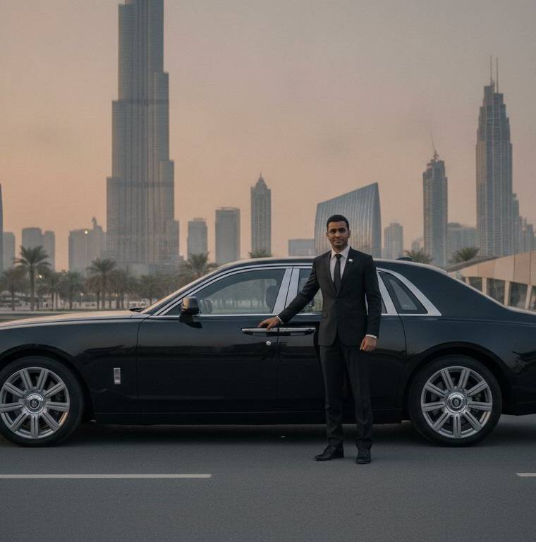 Chauffeur standing beside a luxury sedan for a full day booking in Dubai