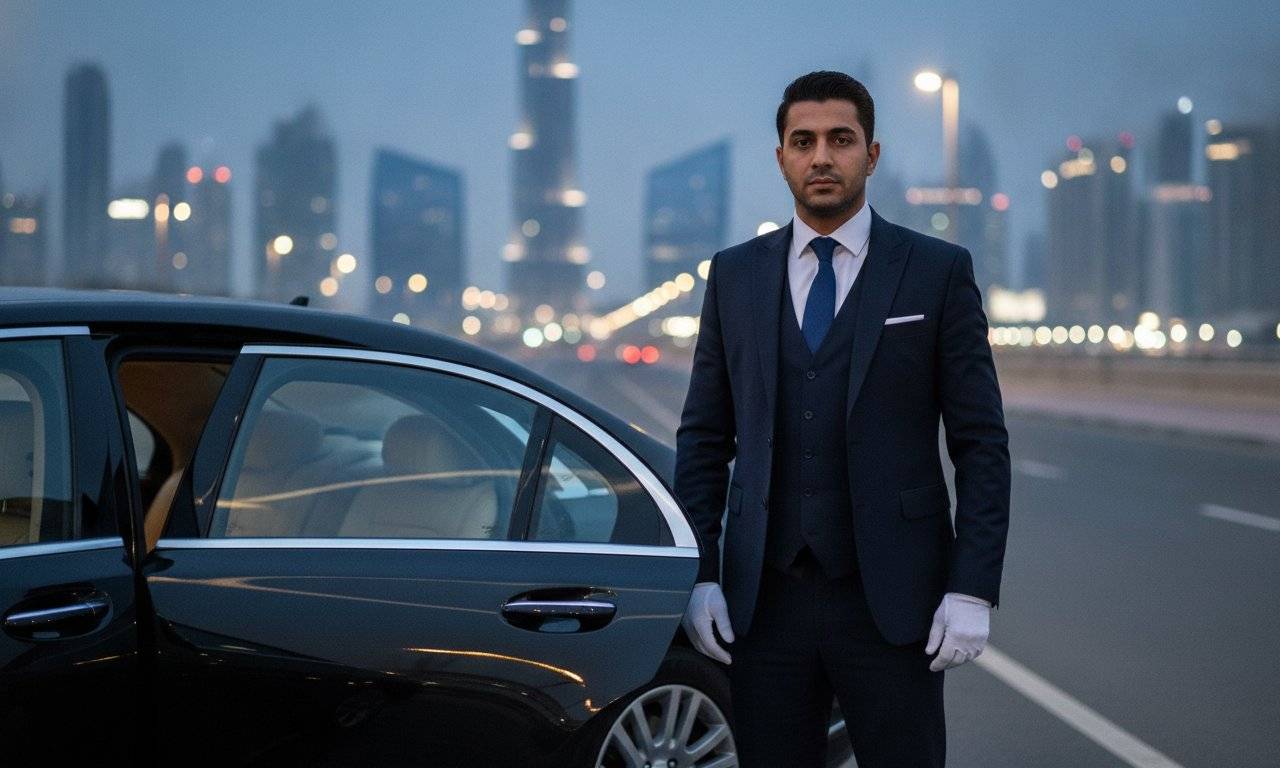 Celebrity stepping out of a luxury limousine in Dubai at night